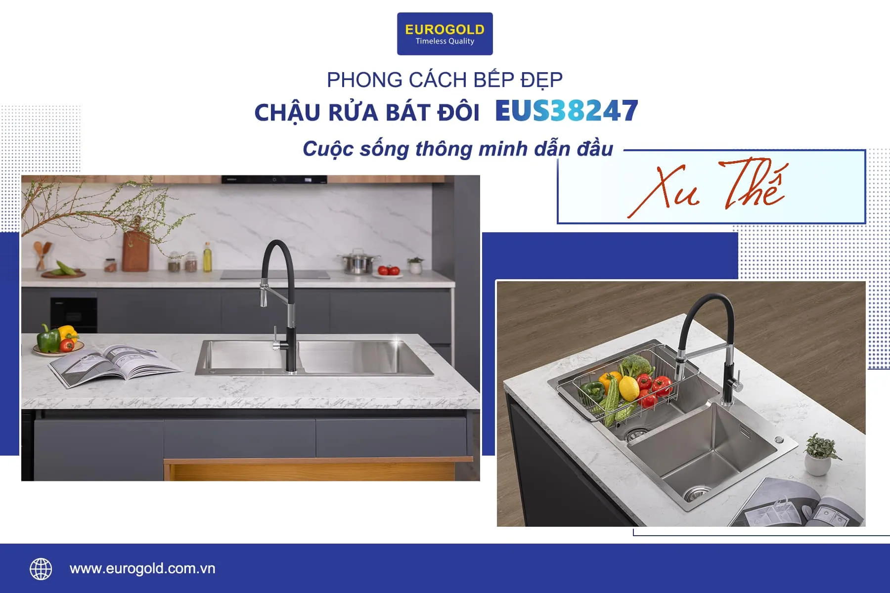 Bồn rửa chén 2 hố Eurogold EUS38247 thông minh