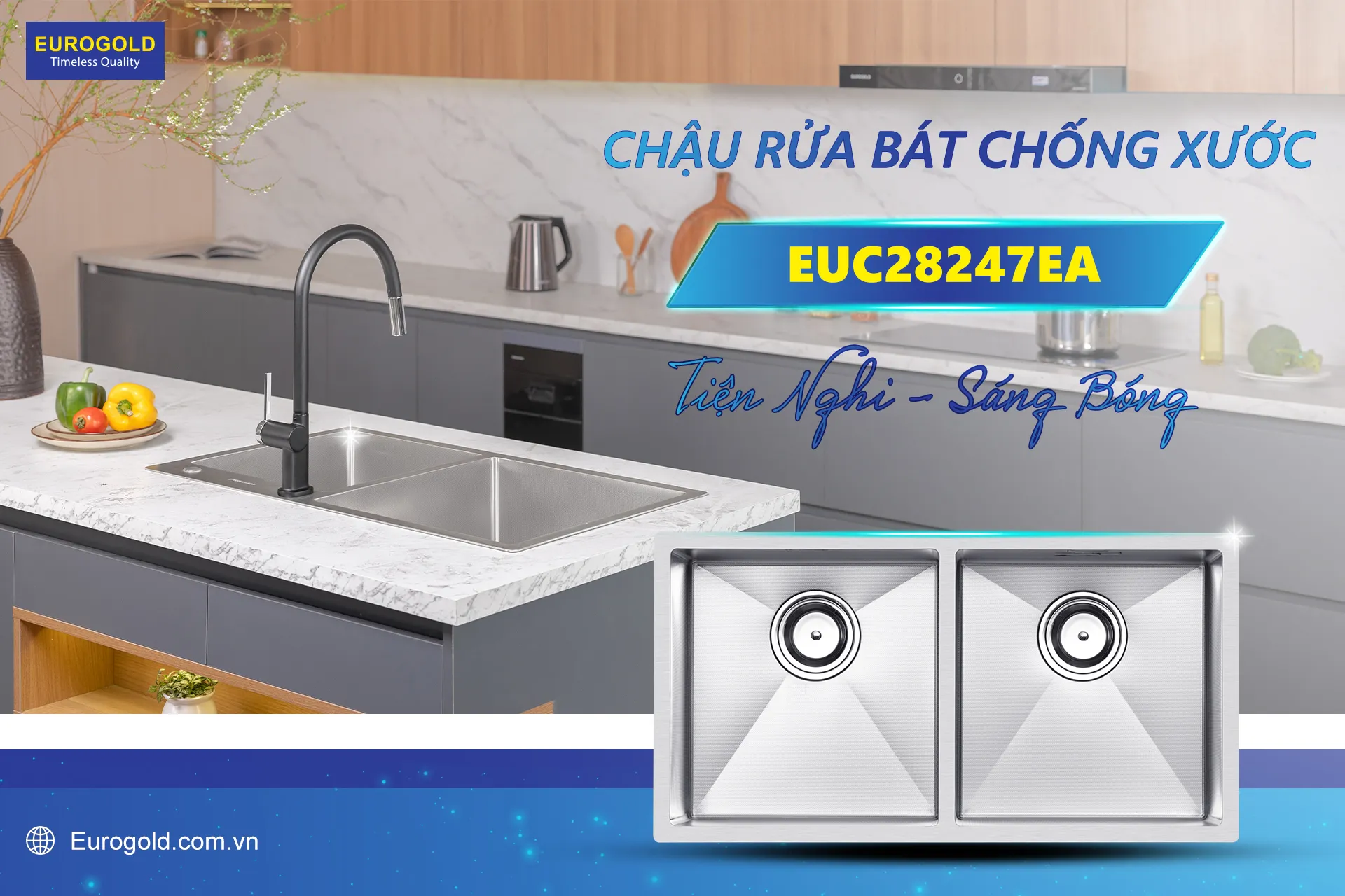 Bồn rửa chén Eurogold 2 ngăn chống xước tiện nghi và sáng bóng
