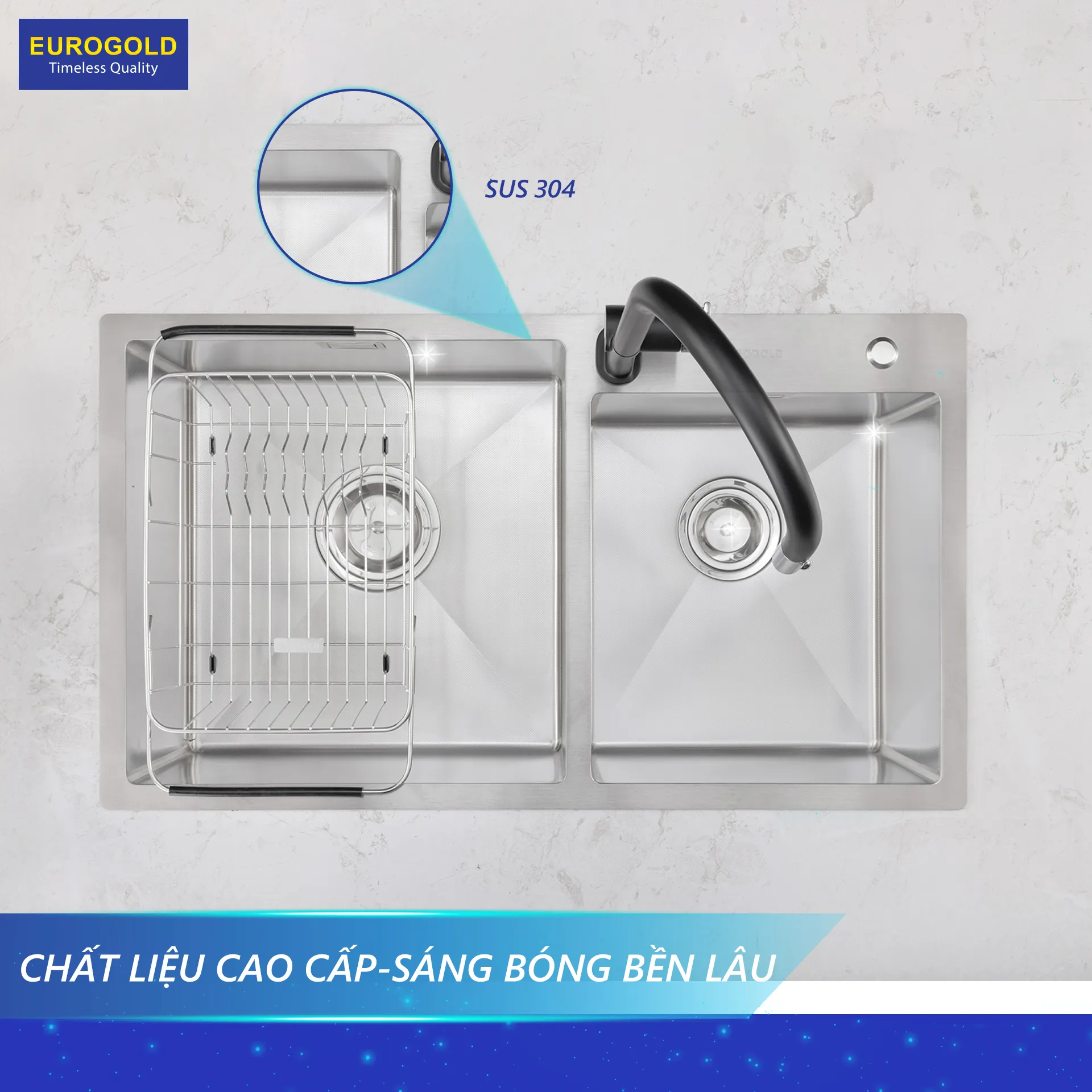 Bồn rửa chén Eurogold lắp dương, chất liệu inox 304 cao cấp