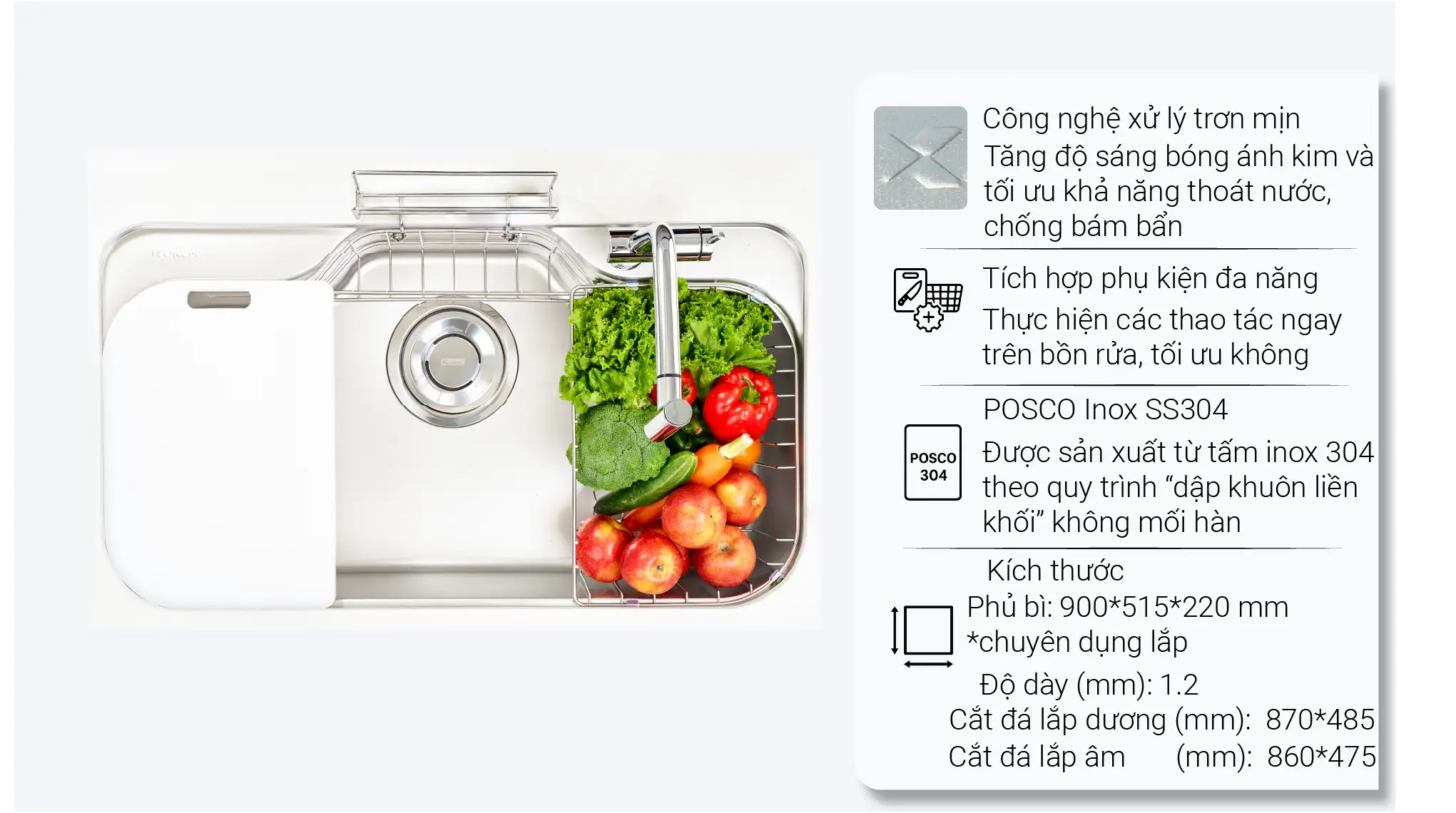 Bồn rửa chén Konox Tari 9051SM được trang bị các công năng hỗ trợ vượt trội cho người làm bếp