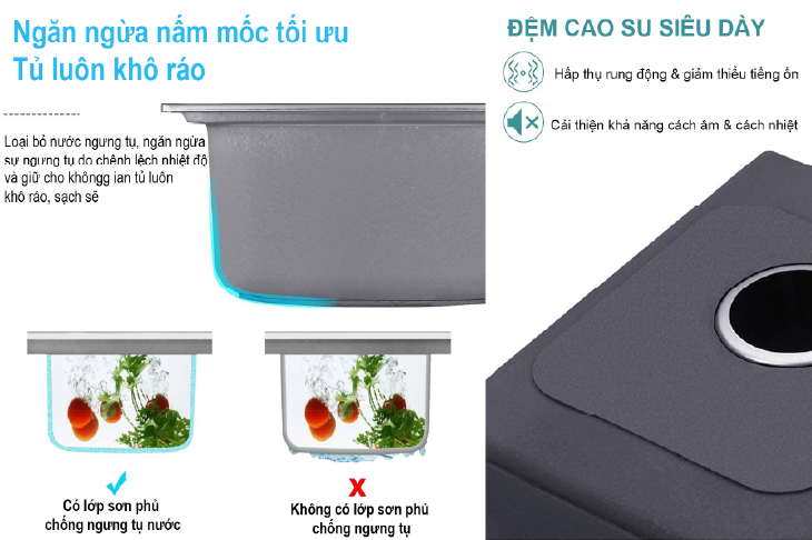 Công nghệ chống thấm, chống ồn được trang bị trên bồn rửa chén Eurogold, giúp tủ bếp luôn khô thoáng