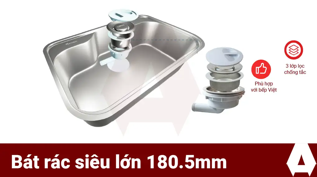 Hố bồn rửa chén 1 hố và bát rác kích thước lớn, phù hợp với thoi quen sử dụng của người Việt