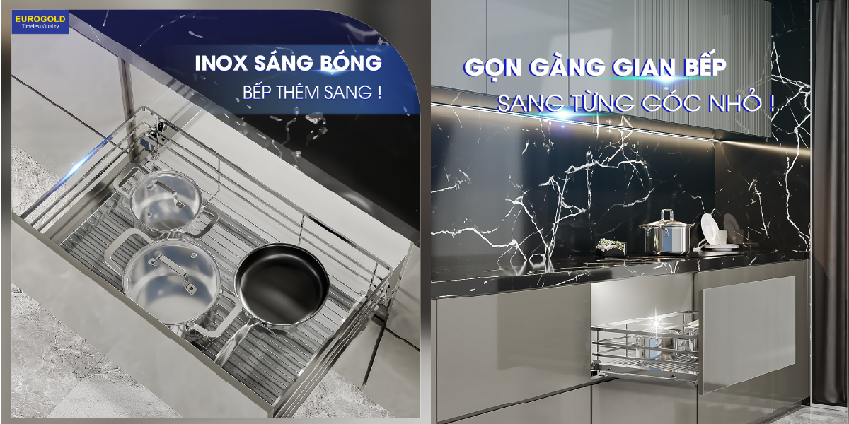 Kệ xoong nồi Eurogold inox sáng bóng, giúp căn bếp gọn gàng và thẩm mỹ