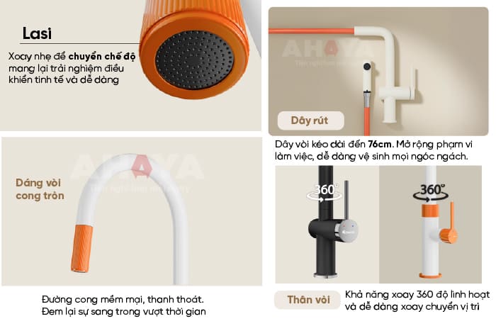 Vòi rửa chén dây rút Konox Lasi Chrome - Tính năng (Nguồn: Konox.com.vn)