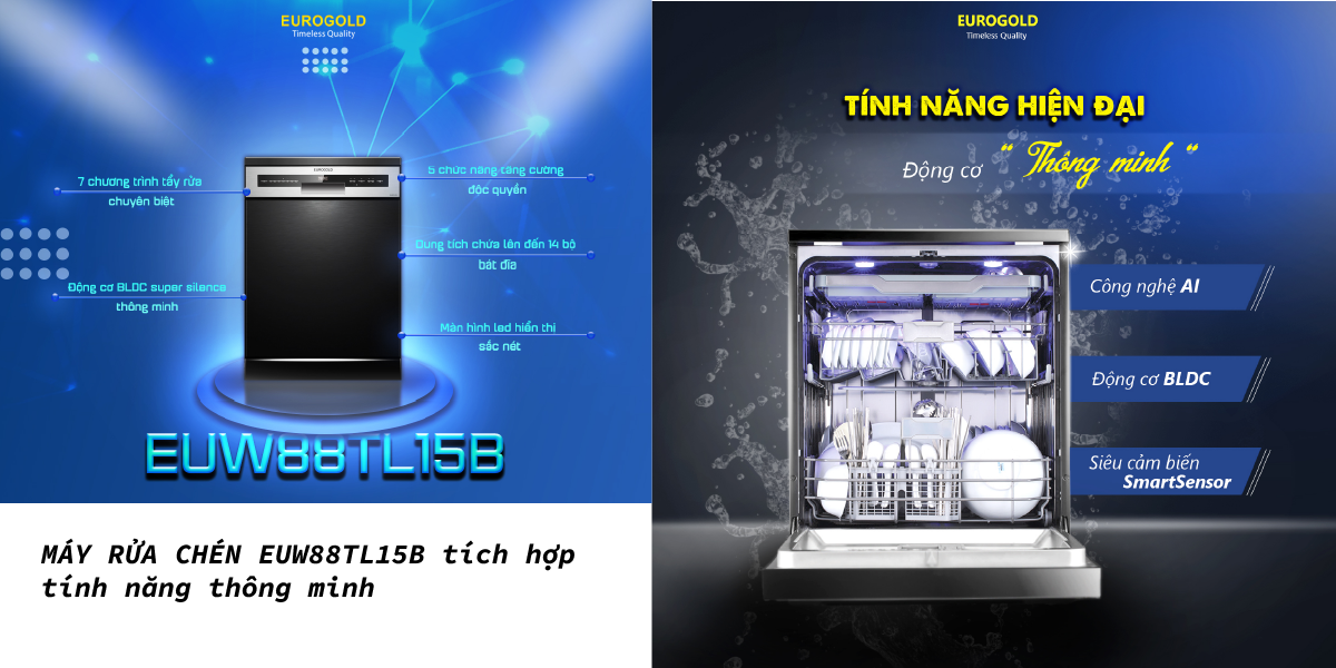 máy rửa chén Eurogold Euw88tl15b tích hợp nhiều tính năng thông minh