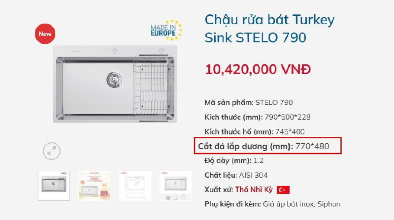 Thông tin thông số cắt đá lắp bồn rửa chén trên website của hãng và đại lý