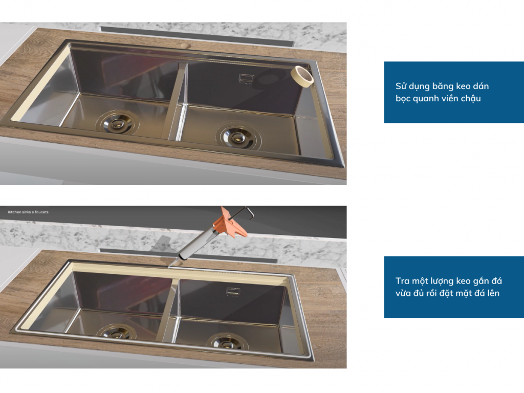 Tra keo lắp bồn rửa chén âm bàn đá