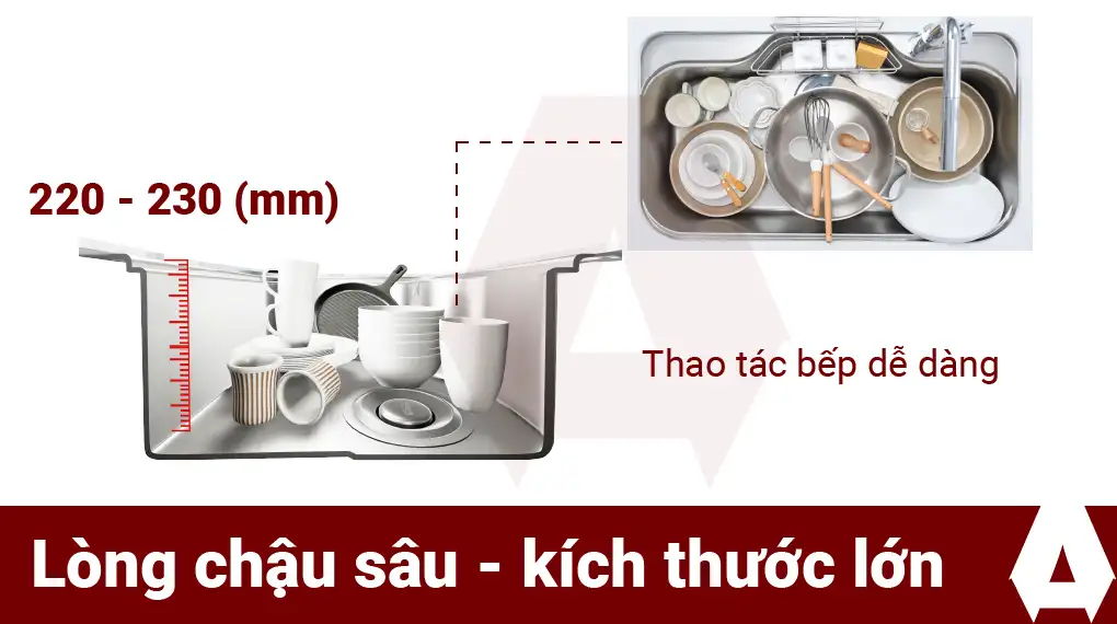 Bồn rửa chén 1 ngăn hiện đại được thiết kế lòng chậu sâu, kích thước lớn
