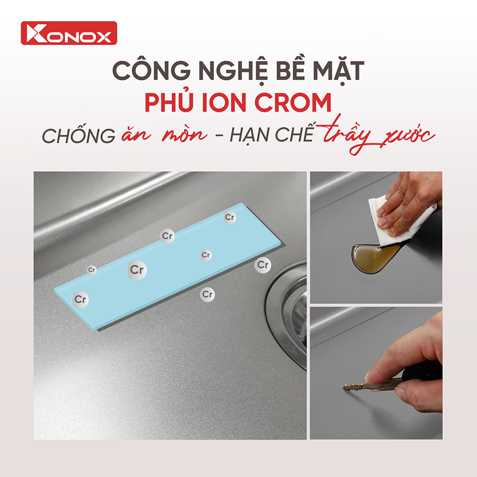 Bồn rửa chén Konox Tari 780SM 1.2 POSCO 304 - Công nghệ bề mặt Crom