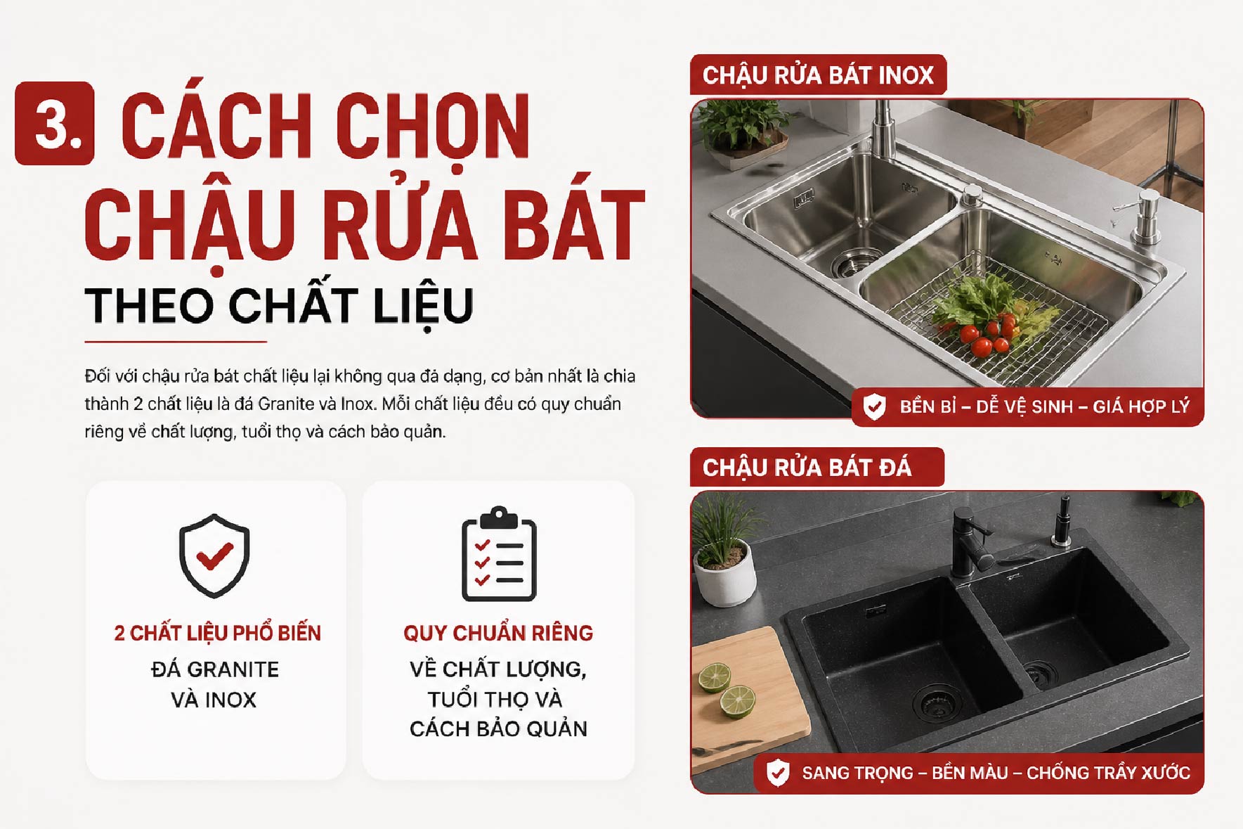 cách chọn chậu rửa bát theo chất liệu