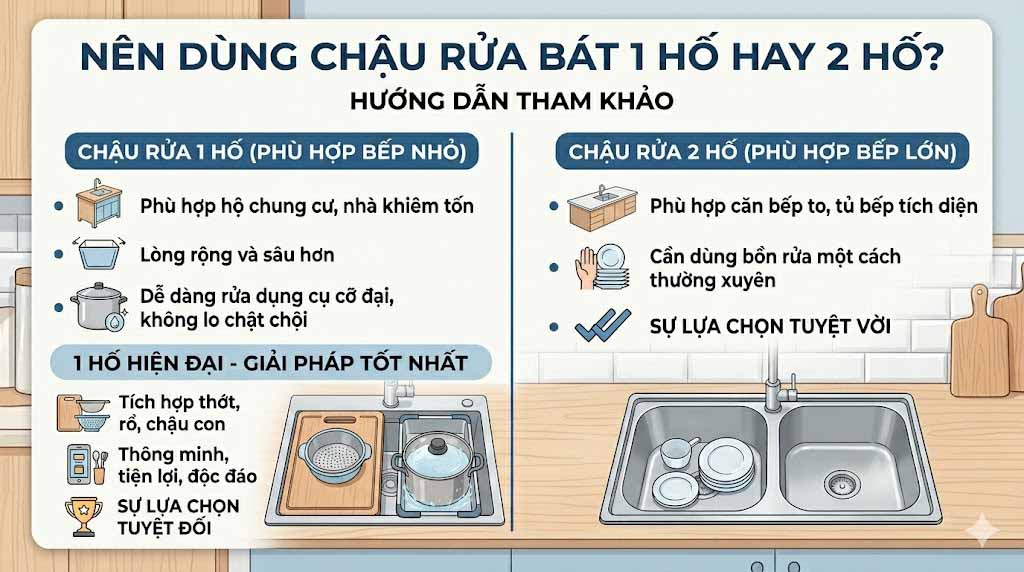 Nên dùng chậu rửa bát 1 hố hay 2 hố? So sánh chi tiết